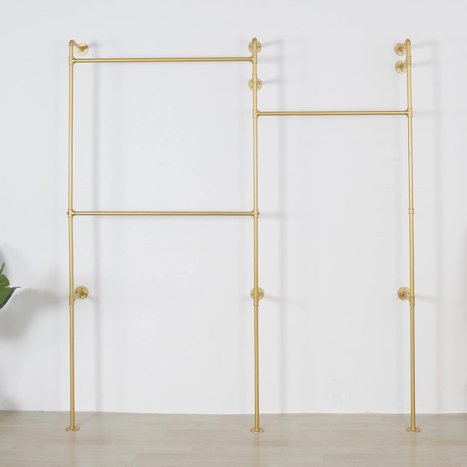 Modern Simple Industrial Pipe Double Hanging Rods Clothing Rack, Clothes Rack Wall Mounted Heavy Duty Hanging Clothes Rack, Detachable Garment Bar 93.7X84inch (Gold)