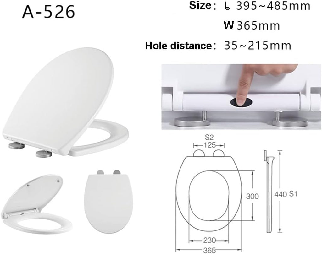 Toilet Seat Soft Close Toilet Seat, Oval Toilet Seat with Quick Release for Easy Clean, Simple Top Fixing, Standard Toilet Seats White with Adjustable Hinges, 365 × 440mm
