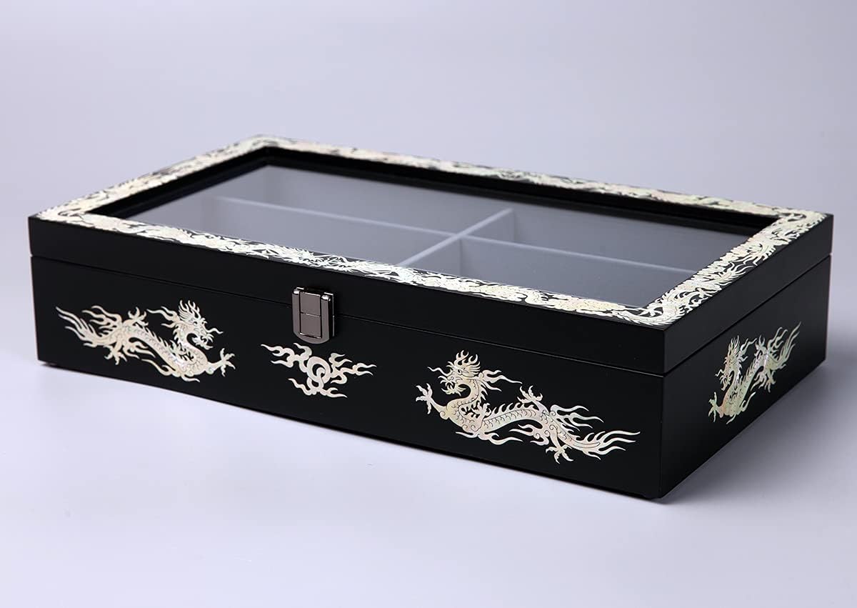 Antique Alive Mother of Pearl Inlay Design Jewelry Box, Wood Jewelry Box, Trinket Case, Keepsake Treasure Chest Box Organizer Holder (Dragon Black)