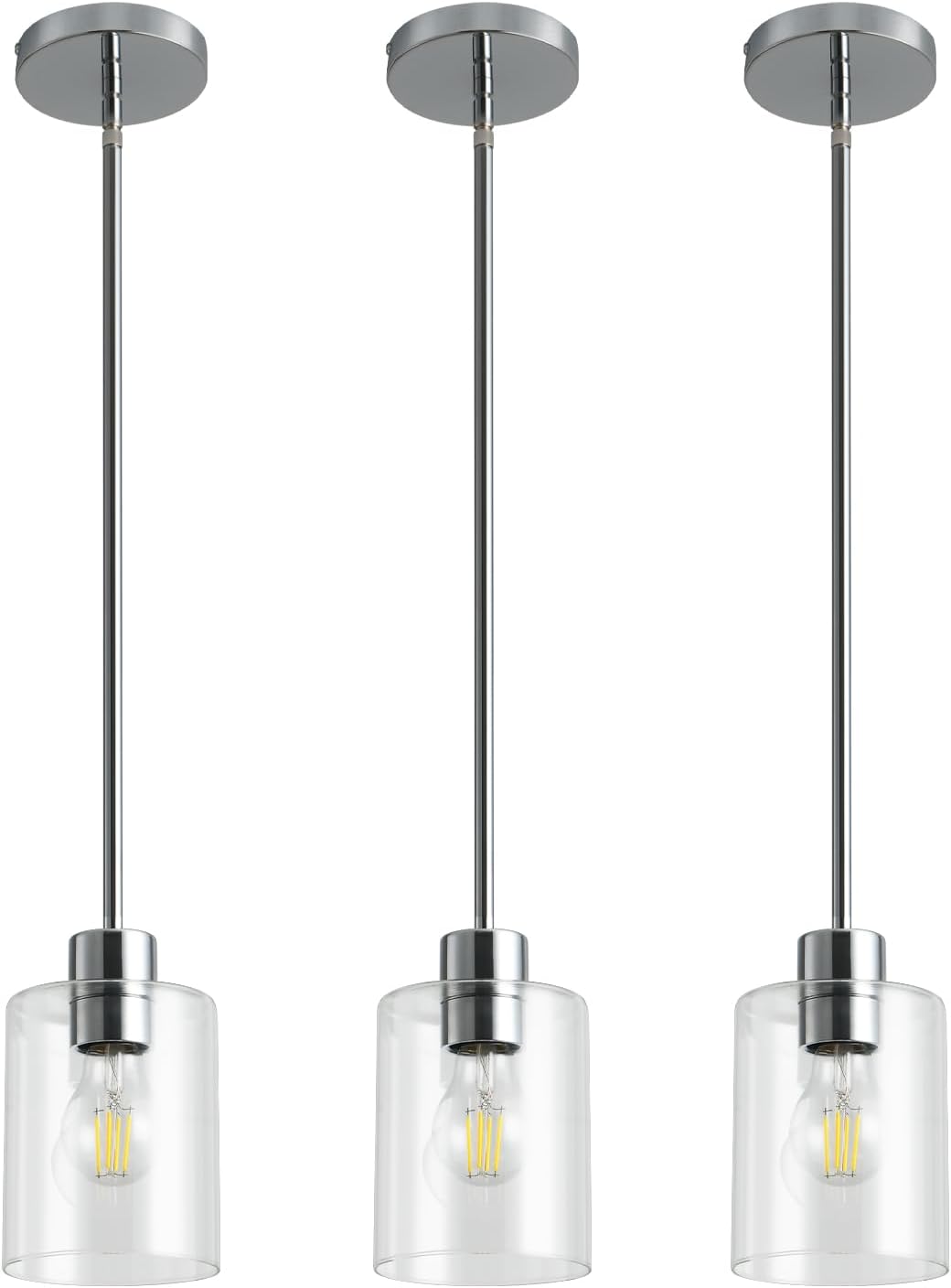 Chrome Pendant Lights Kitchen Island - Clear Glass Pendant Light Fixture Multiple Stems Rods 3 Units 12 Inch 3 Units 4 Inch (3 Pack Chrome Downrod)