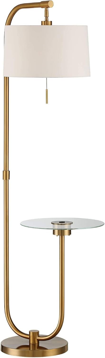 Possini Euro Design Volta Mid Century Modern Arched Floor Lamps 66' Tall Set of 2 with USB Charging Port Glass Tray Table Antique Brass White Linen Drum Shade Living Room Reading House Bedroom Home