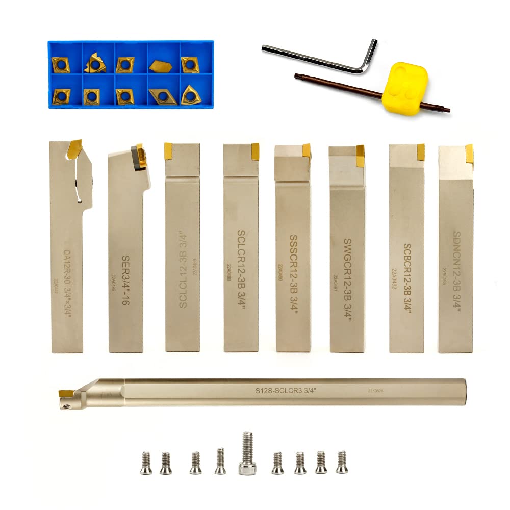 OSCARBIDE 3/4' Shank 9-Piece CNC Lathe Tool Holder & Boring Bar Set - Heavy Duty Nickel Plated Indexable Tool Holders for Turning, Grooving, Threading, Cut-Off Operations