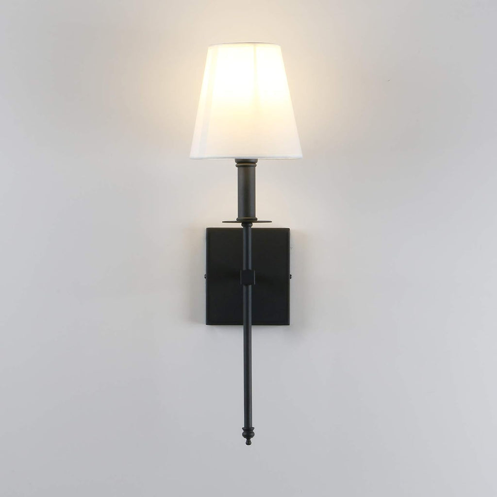 PERMO Set of 2 Classic Rustic Industrial Wall Sconce Lighting Fixture with Flared White Textile Lamp Shade and Black Tapered Column Stand, Hardwired, E26 Base
