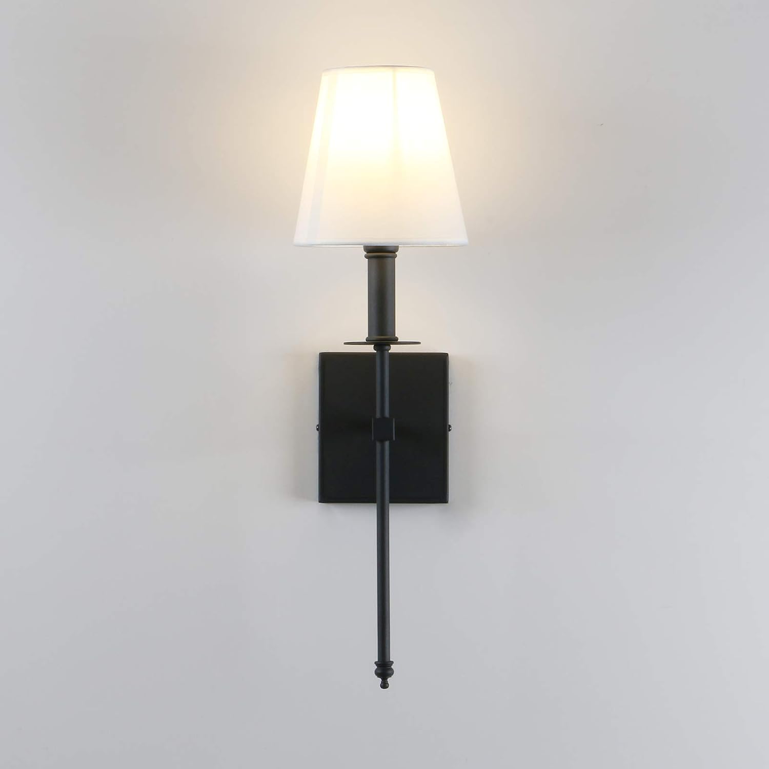 PERMO Set of 2 Classic Rustic Industrial Wall Sconce Lighting Fixture with Flared White Textile Lamp Shade and Black Tapered Column Stand, Hardwired, E26 Base