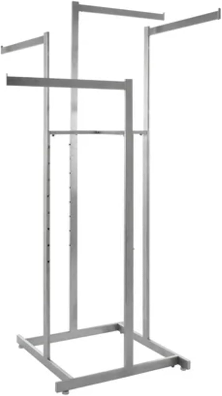 Econoco 4-Way High Capacity Garment Rack with Straight Arms, Satin Chrome Finish, Adjustable 48in–72in Height, 22in Arms, Retail Clothing Display Rack