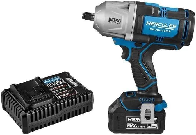 Fits HERCULES 20V Brushless Cordless 1/2 in Ultra Torque Impact Wrench Kit with 5 Ah Battery & Charger, 1500 ft-lbs Bolt Breakaway Torque, 1000 ft-lbs Fastening Torque, Var. Speed Trigger, LED Light