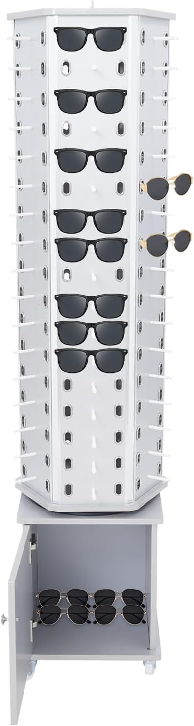 102 Pairs Glasses Rack, Floor-Standing Sunglasses Display Rack, 360° Rotating Eyewear Holder, Eyeglasses Storage Organizer, Sunglasses Display Stand with Cabinet & Wheels, Silver