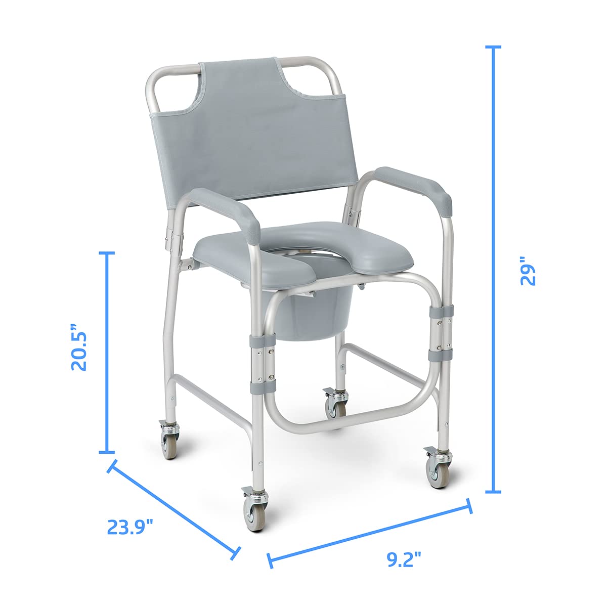 Medline Aluminum Padded Shower Chair Commode with 4 Locking Casters, 300 lbs. Capacity — For Restroom, Bathroom & Wheelchair Transfer to Toilet, 1 Ct.