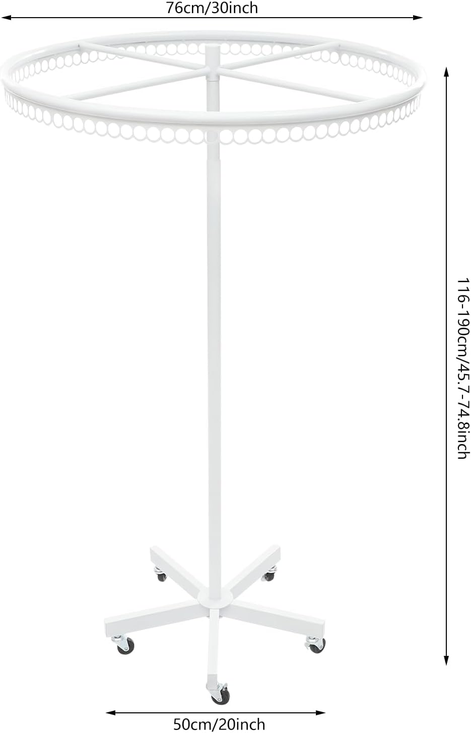 Rotatable Round Clothes Rack 360°Rotating Round Clothing Rack with Wheels Garment Display Racks for Shopping Centers, Clothing Stores 66lbs Capacity 45.7-74.8in Adjustable Height (White)