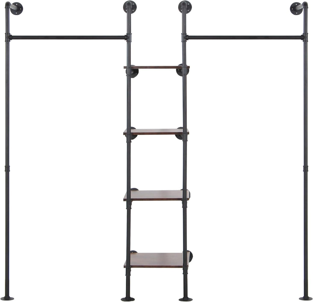 Wall Mounted Industrial Pipe Heavy Duty Clothes Rack, Clothing Rods for Hanging Clothes, Freestanding Clothing Rack with 2 Hang Rods & 4 Shelves, 72.8' W x 17.7' D x 71' H