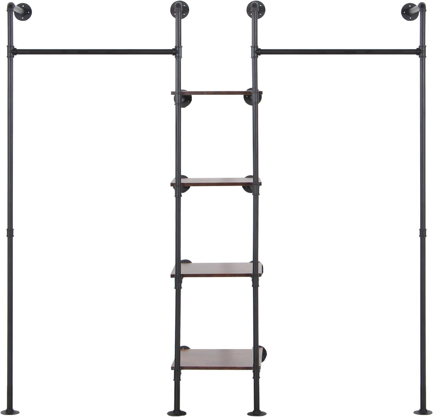 Wall Mounted Industrial Pipe Heavy Duty Clothes Rack, Clothing Rods for Hanging Clothes, Freestanding Clothing Rack with 2 Hang Rods & 4 Shelves, 72.8' W x 17.7' D x 71' H
