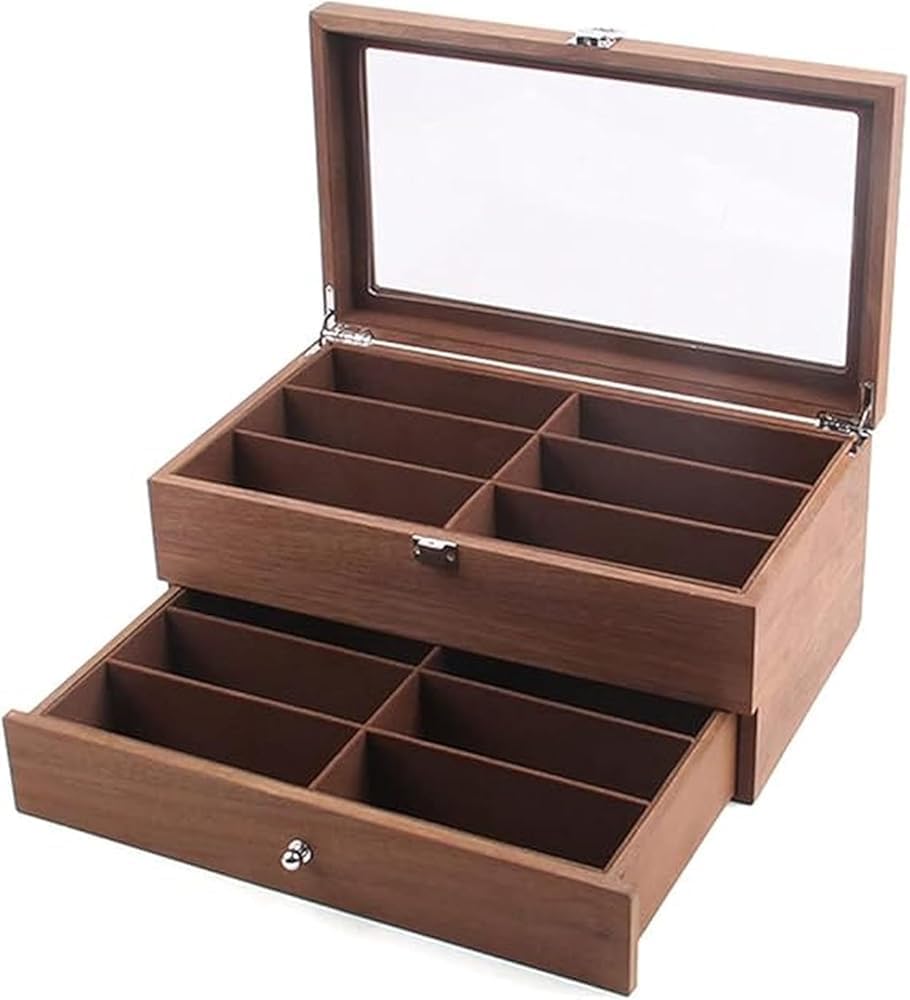 2 Layer Wooden Sunglasses Storage Case - 12 Slot Organizer with Clear Display Top & Drawer for Jewelry, Accessories, Eyewear, and Sunglasses Storage