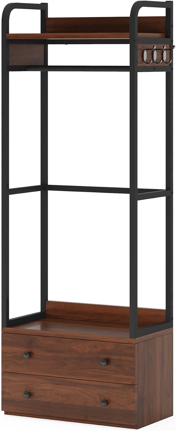 Tribesigns Freestanding Closet Organizer Small Clothes Rack with Drawers and Shelves, Heavy Duty Coat Rack Small Garment Rack Industrial Hall Tree for Entryway, Bedroom