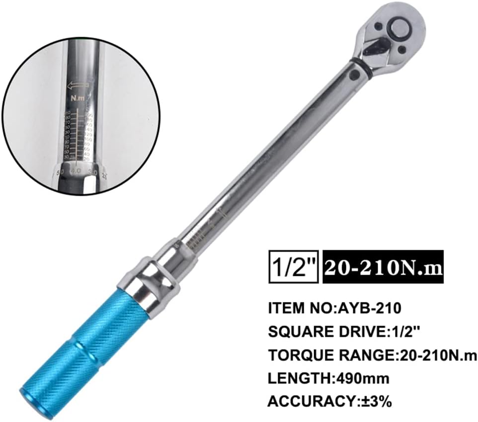 Preset Torque Wrench, 1/2 Inch Drive Click Torque Wrench Adjustable Ratchet Wrench Hand Tool with Storage Box for Car and Bike Repairing (20-210N.m)