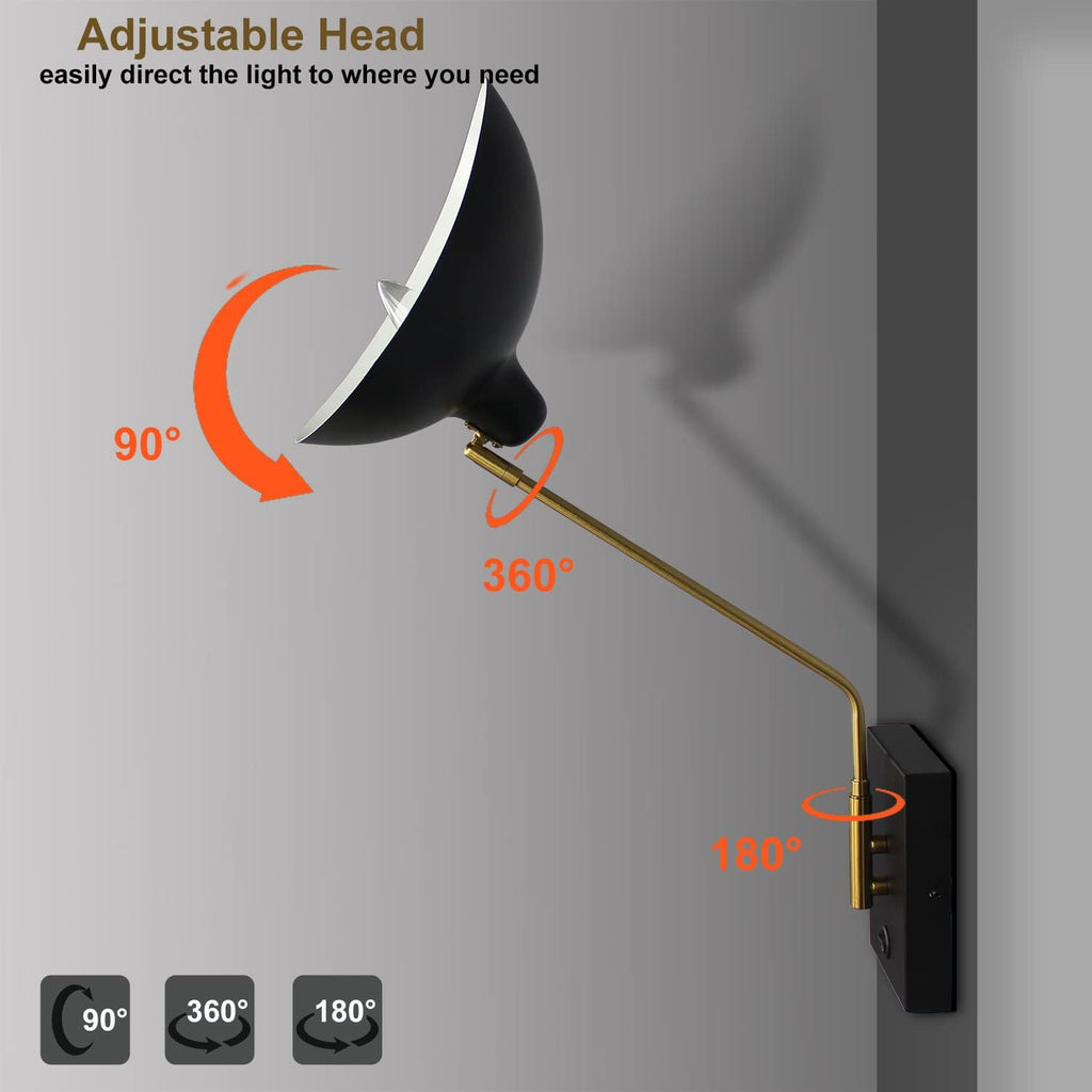 CLAXY Plug in Wall Sconces Swing Arm Wall Mounted Lighting Matte Black | E12 Home Wall Lights with USB Charge Port-Set of 2, Plug in or Hardwired Wall Mounted Lights for Bedroom Reading Room Living