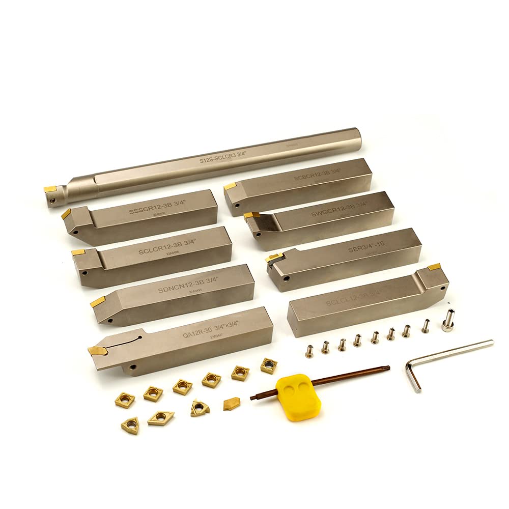 OSCARBIDE 3/4' Shank 9-Piece CNC Lathe Tool Holder & Boring Bar Set - Heavy Duty Nickel Plated Indexable Tool Holders for Turning, Grooving, Threading, Cut-Off Operations