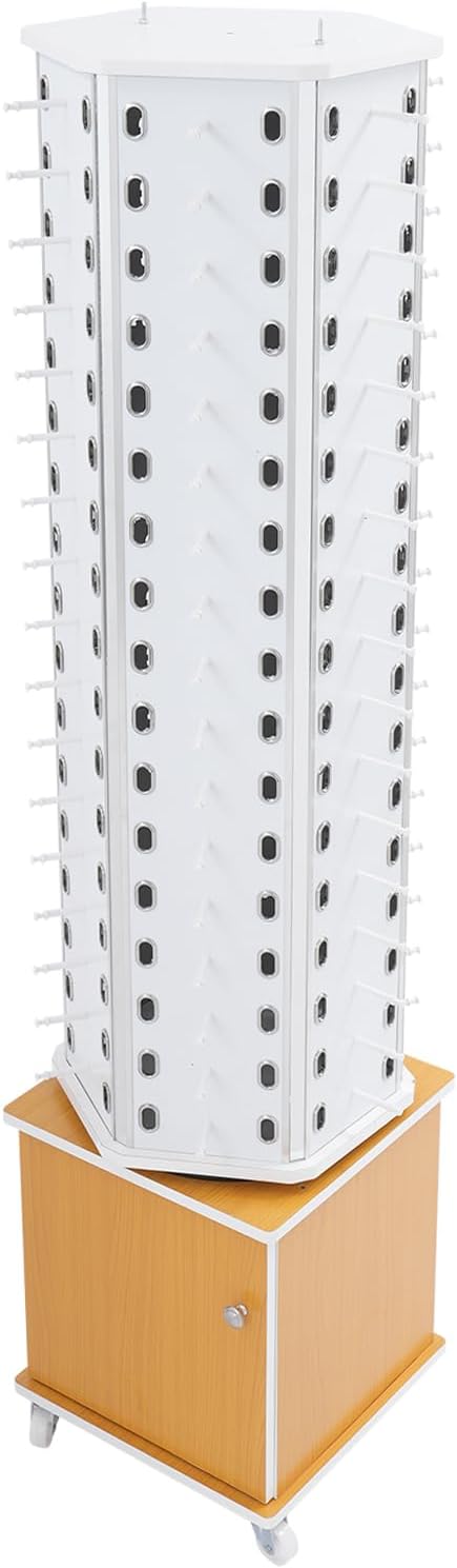 Sunglasses Retail Display Rack, 6-Sided Wood Floor-standing Eyeglass Holder, 102-Pair Eyewear Holder, 360°Rotating, with Storage Cabinet & 4 Swivel Wheels for Retail Exhibition (White&Yellow)