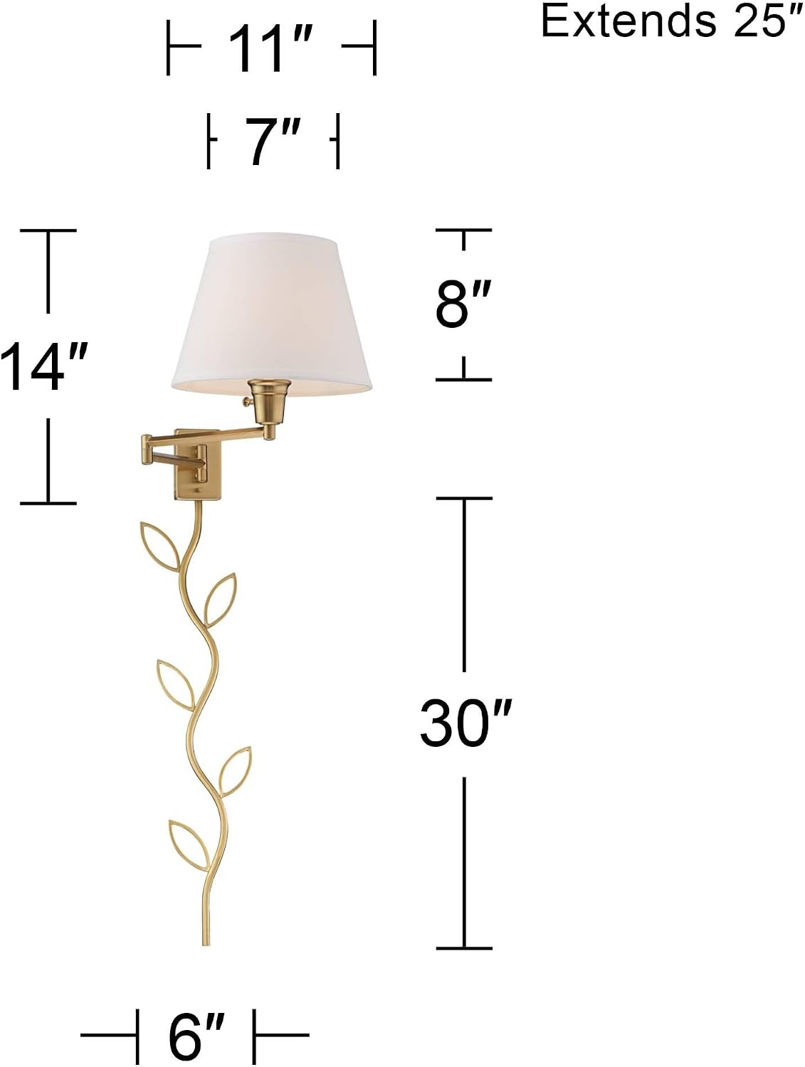 360 Lighting Clement Industrial Swing Arm Wall Lamps Set of 2 Warm Brass Gold Metal Plug-in Light Fixture White Linen Hardback Drum Shade for Bedroom Bedside House Reading Living Room Home