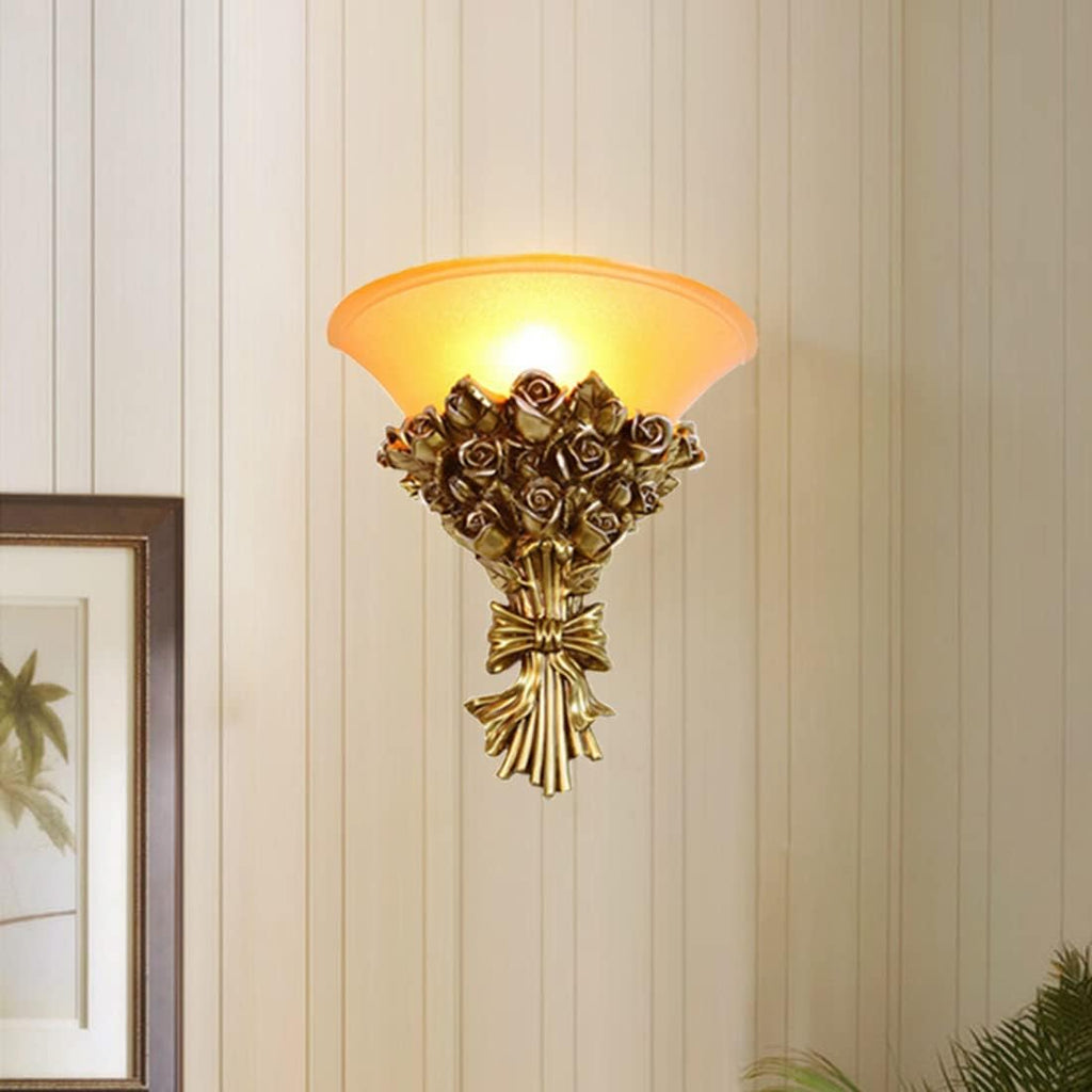 Vintage Wall Sconce Roses 1-Light Antique Gold Wall Sconce with Frosted Glass Shade, Unique Resin Golden Flower Style Mid Century Modern Wall Light for Living Room Hallway Bedroom