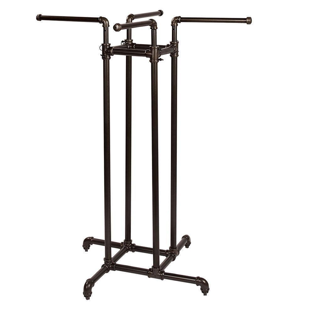 SSWBasics Heavy Duty Adjustable Pipe 4-Way Clothing Display Rack - Retail Clothing Rack with Straight Arms - Durable and Sturdy Clothing Display Stand for Garments - Sleek Space Saving Design for