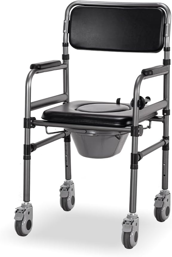 Bedside Commode Chair for Seniors, 3-in-1 Foldable Toilet Chair Wheels 400lbs Heavy Duty, Adjustable Shower Chair PU Seat Backrest, Portable Commode Elderly Disabled, Toilet-Round