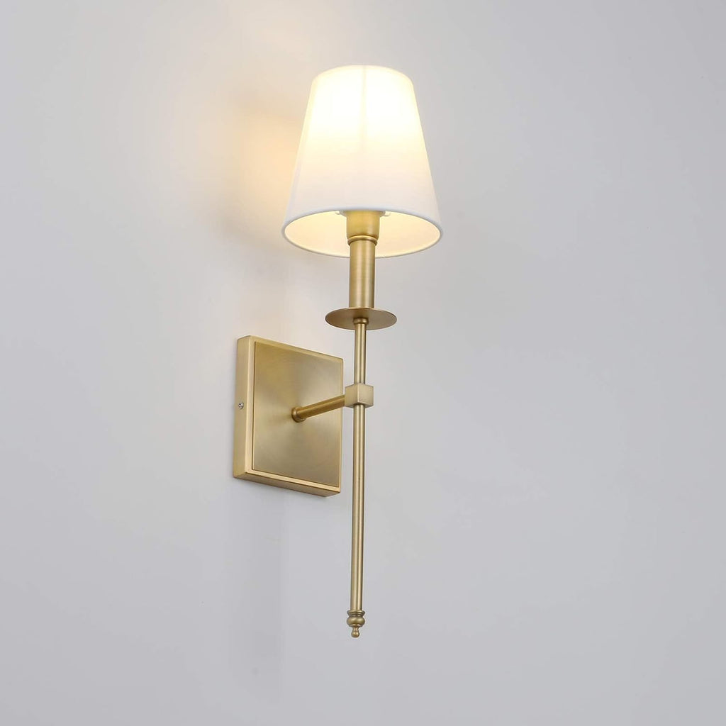 PERMO Set of 2 Classic Rustic Industrial Wall Sconce Lighting Fixture with Flared White Textile Lamp Shade and Antique Brass Tapered Column Stand, Hardwired, E26 Base