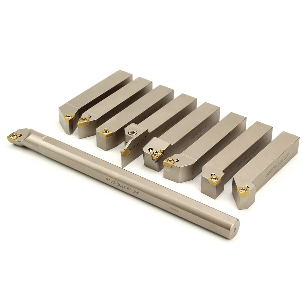 OSCARBIDE 3/4' Shank 9-Piece CNC Lathe Tool Holder & Boring Bar Set - Heavy Duty Nickel Plated Indexable Tool Holders for Turning, Grooving, Threading, Cut-Off Operations