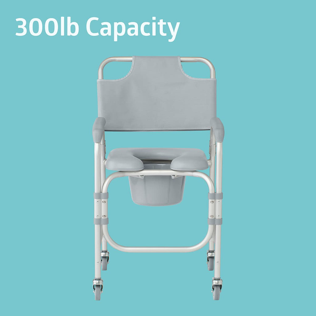 Medline Aluminum Padded Shower Chair Commode with 4 Locking Casters, 300 lbs. Capacity — For Restroom, Bathroom & Wheelchair Transfer to Toilet, 1 Ct.