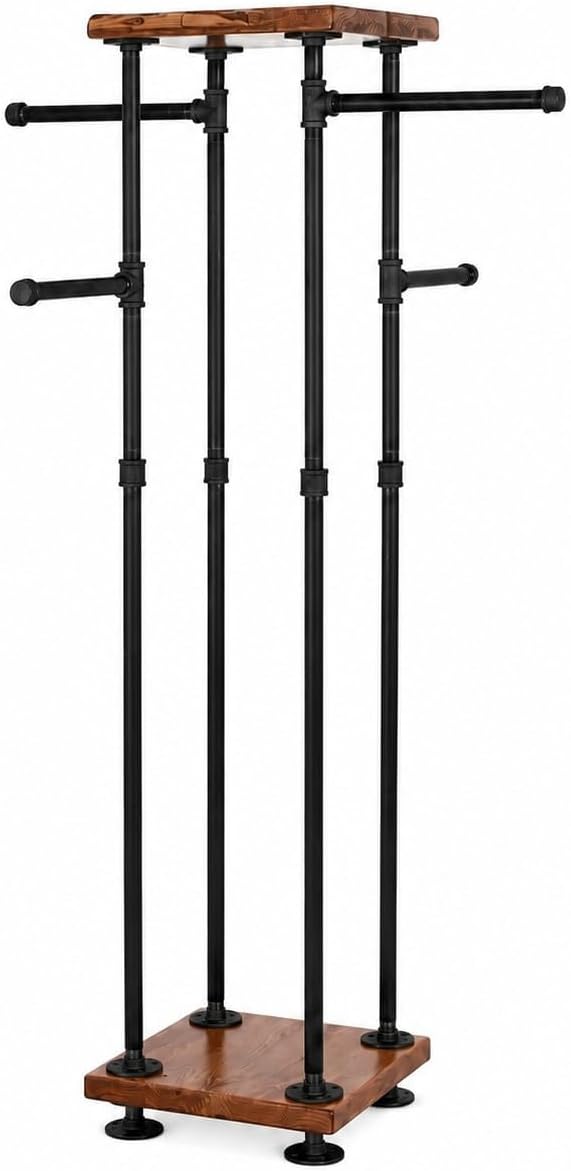 Industrial Pipe and Wood Clothes Rack 4-Way, Garment Rack, Clothing Rack, Closet Organizer, Clothing Storage and Display