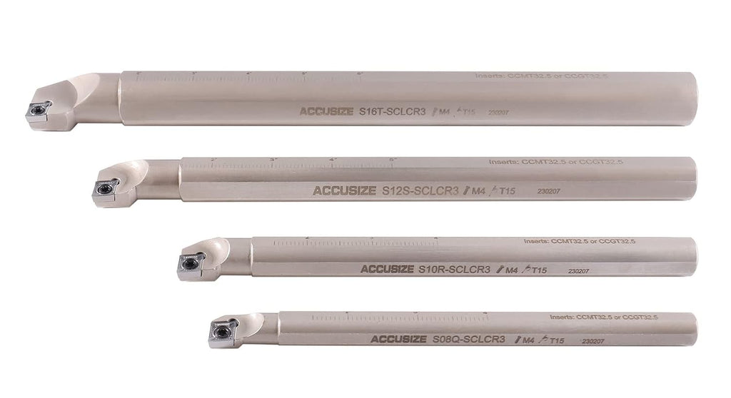Accusize Sclcr Indexable Boring Bar Set, 1/2', 5/8', 3/4', 1' for Aluminum | 4 Pc Set with 14 CCGT32.51 AKH01 Carbide Inserts, Right Hand, Negative 5° Angle, 45HRC, Torx Screw Retention, P252-S528