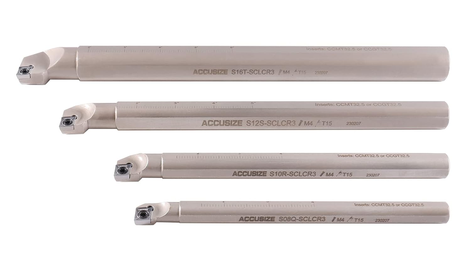 Accusize Sclcr Indexable Boring Bar Set, 1/2', 5/8', 3/4', 1' for Aluminum | 4 Pc Set with 14 CCGT32.51 AKH01 Carbide Inserts, Right Hand, Negative 5° Angle, 45HRC, Torx Screw Retention, P252-S528