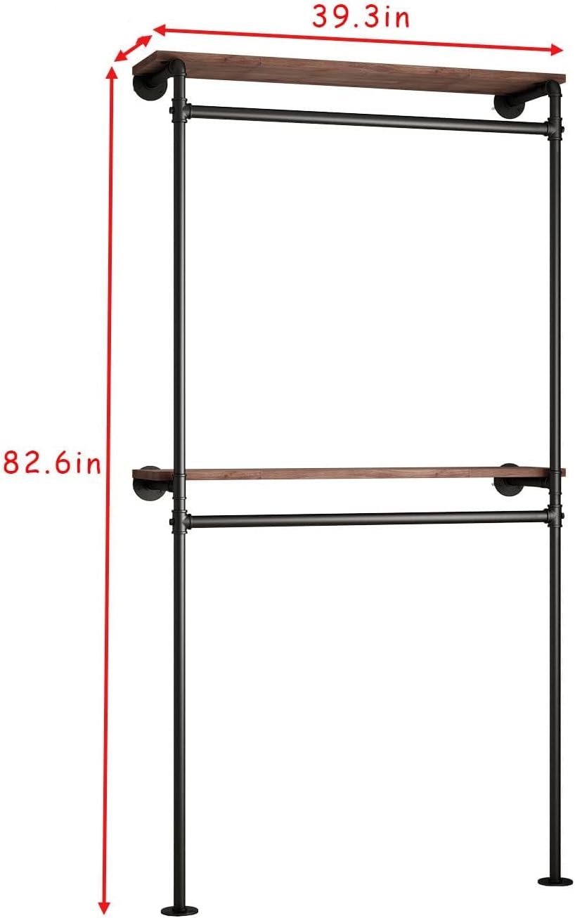 DR.IRON Industrial Pipe Clothing Racks with 2 Tier Shelves, Wall Mounted Black Clothes Rack with Double Hanging Rods Heavy Duty Garment Storage Rack Display Racks Rod for Clothes,Laundry Room