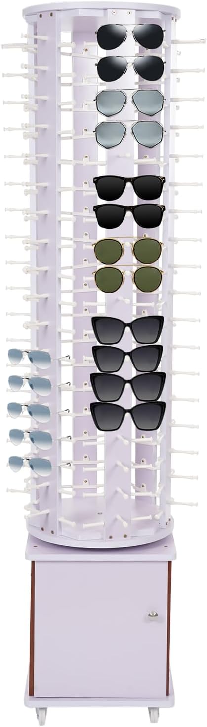 Sunglasses Display Stand, 108 Pairs Wooden 360° Rotating Sunglass Eyeglass Holder Organizer, Glasses Hanger Storage Rack for Retail Commercial Display, L14.2*H66.1in, White