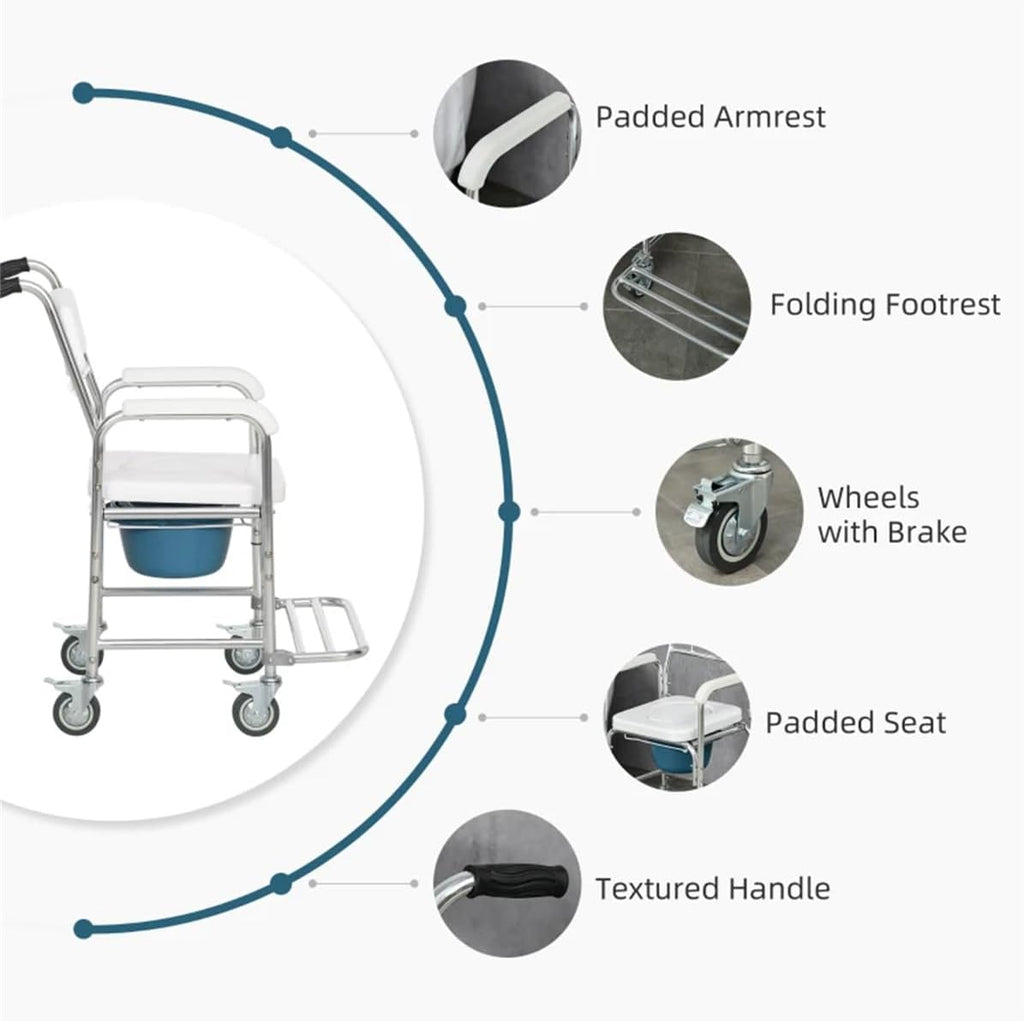 Heavy Duty Wheelchair Bedside Commode Chair Bath Shower Toilet Seat with Seat Patch Portable Medical Aid Mobility Multi-Function Elderly Handicapped People Pregnant Women Hospital Medical Chair