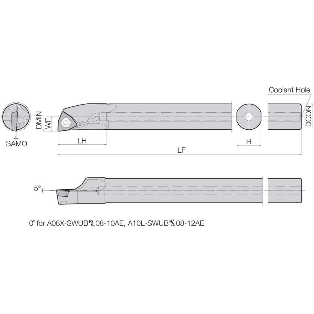 Kyocera A08MSWUPR2AE Right-Hand, Positive Rake, Dynamic Bar Coolant-Through Boring Bar with 3 Degree Lead Angle and 0.6300' Minimum Bore Dia.