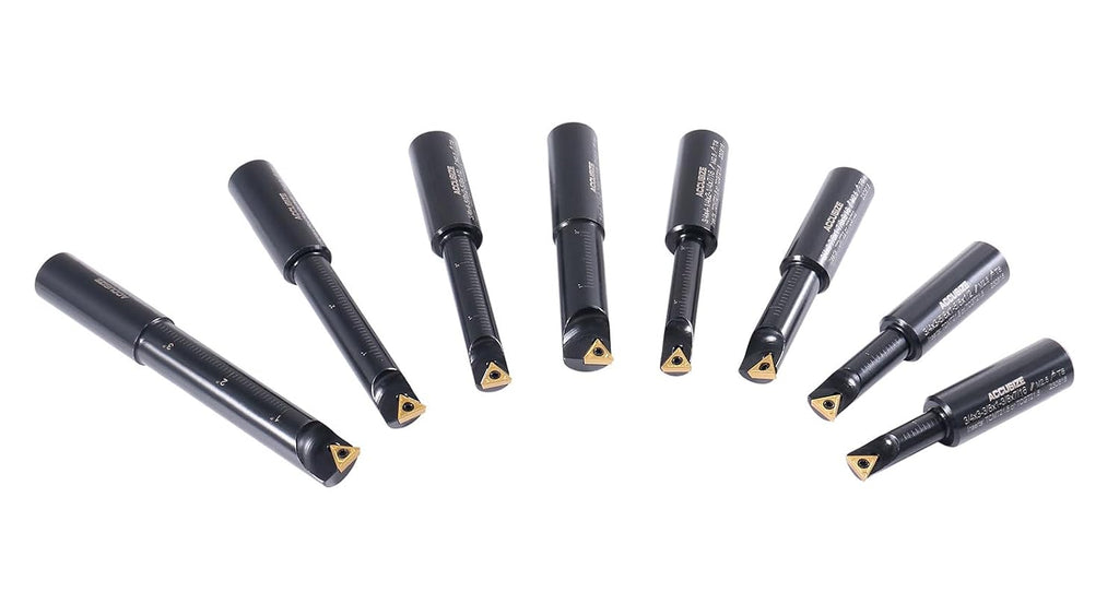 Accusize Industrial Tools Round Shank Indexable Boring Bar, 3/4 in | 8-Piece Set with TCMT 21.5 and TCMT 22 Carbide Inserts, 90 Degree, Bore Depth 1-3/8 in to 3-1/2 in, 2627-9108