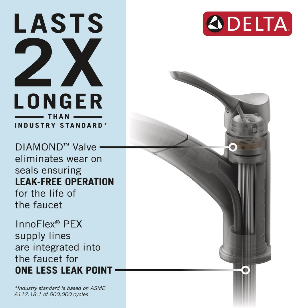 Delta Almari Chrome Kitchen Faucet with Pull-Out Sprayer, Modern Single Hole Kitchen Sink Faucet, Single Handle, Chrome 16943-DST