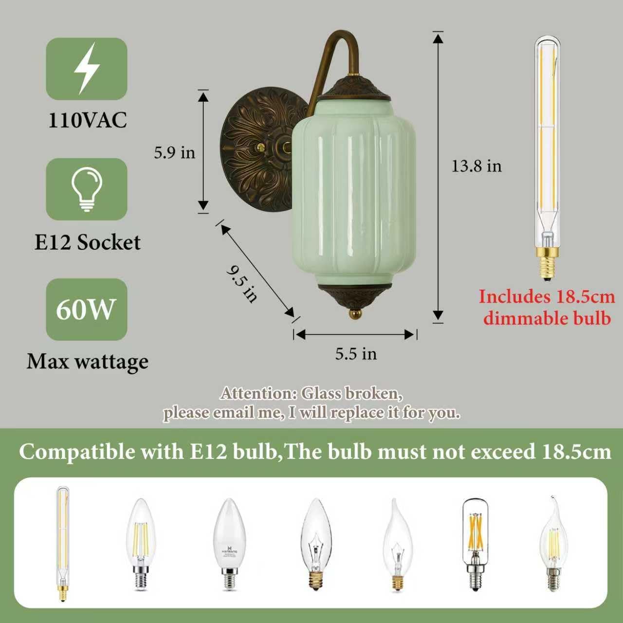 Vintage Milk Glass Wall Sconce - Set of 2 Green Dimmable Wall Mount Lighting with Bulbs - Antique Brass Gold Sconces - Mid Century Vanity Light Fixture for Bathroom Bedroom Living Room Hallway Decor