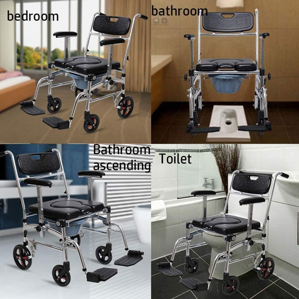 Adjustable Folding Bedside Commode Chair with Wheels Drop Arm & Safety e Portable Toilet Seat for Elderly Seniors & Disabled – Shower & Bathroom Use