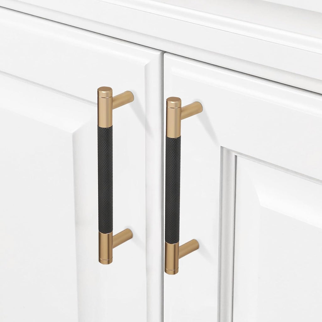 10 Pack 6 1/4' Matte Black & Champagne Bronze Knurled Cabinet Handles Stylish Kitchen Cabinet Pulls Modern Drawer Pulls & Cupboard Hardware for Home Upgrade