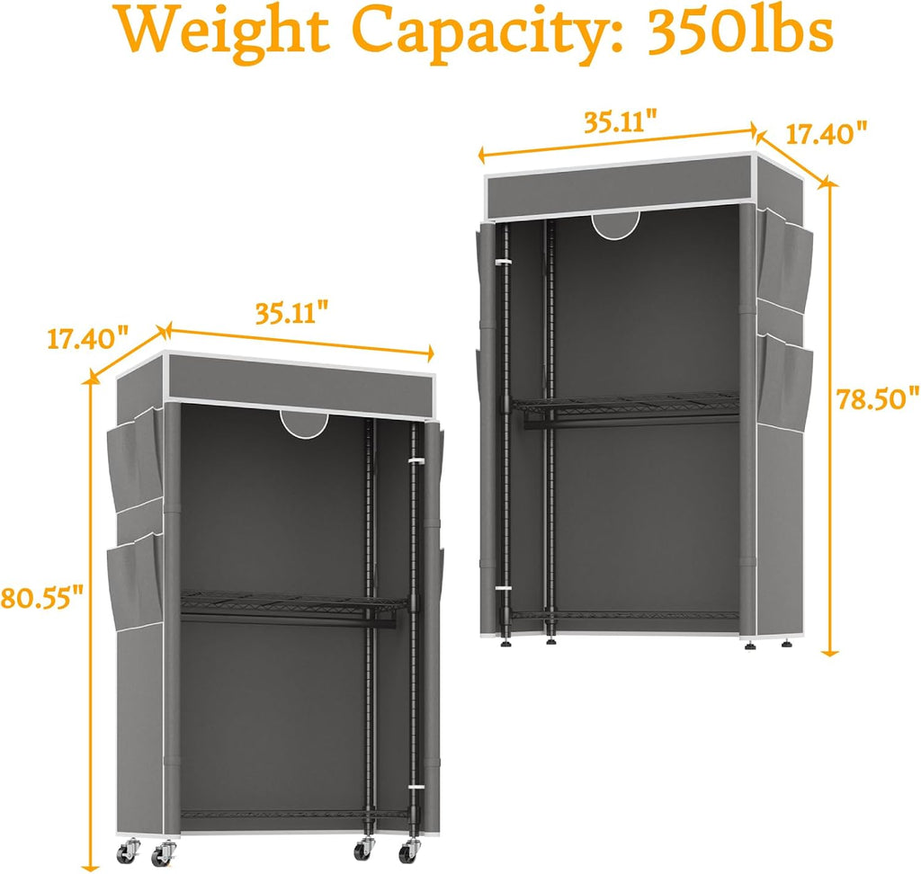 Homdox Garment Rack with Cover, Heavy Duty Clothing Rack for Hanging Clothes, Portable Closet Wardrobe, Double Rods Garment Rack with wheels, 35.1' W x 17.4' D x 80.6' H, Gray