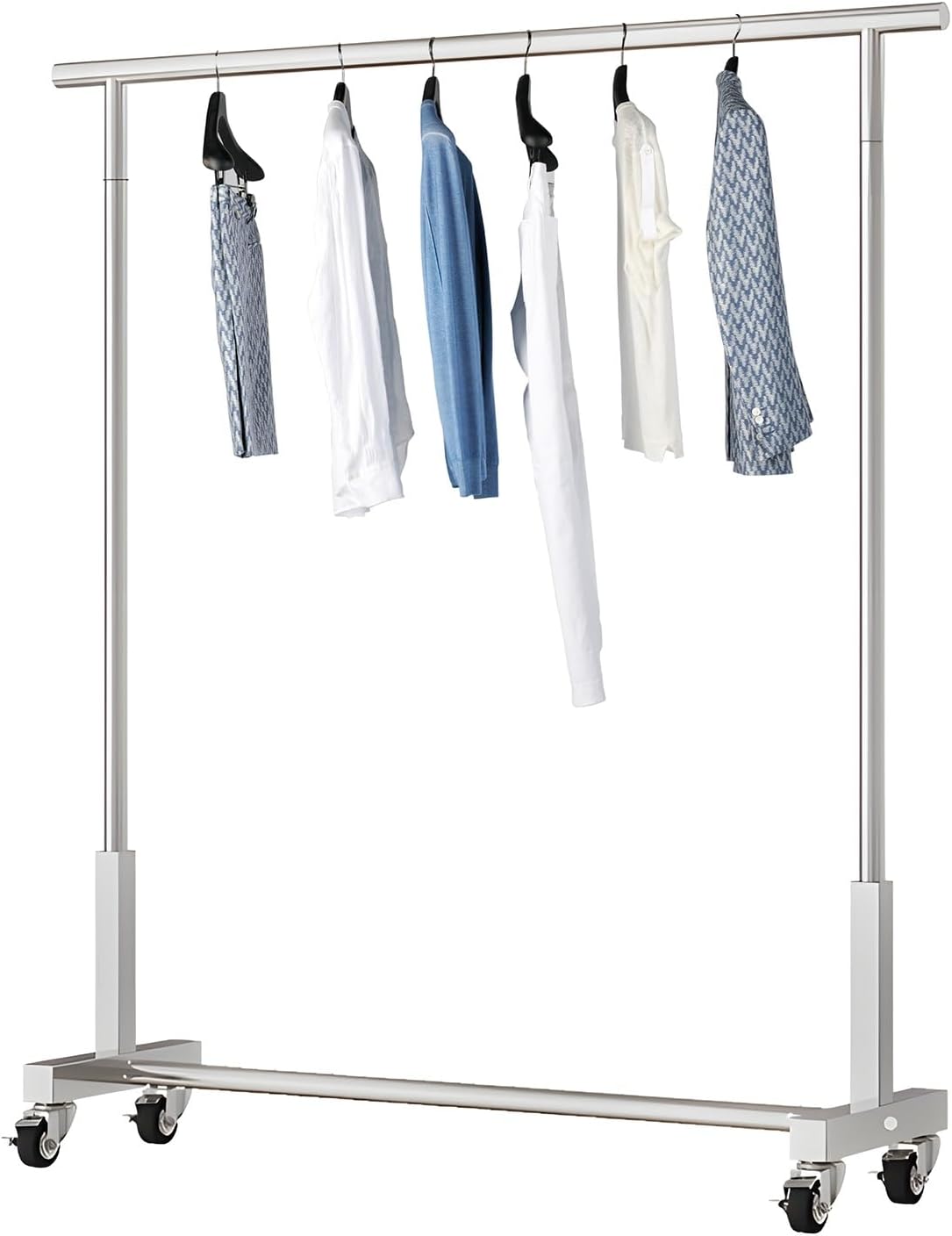Heavy Duty Rolling Clothes Rack with Wheels - Steel Garment Rack for Hanging Clothes - Portable Clothes Organizer for Bedroom & Laundry Room - Silver, 60x40x130cm