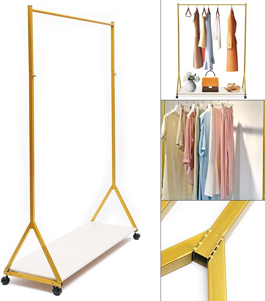 Modern Heavy Duty Metal Rolling Garment Rack with Wheel Industrial Pipe Clothes Rack with Wood Shelf Retail Display Clothing RackSingle Rod Floor-Standing Hangers, Gold