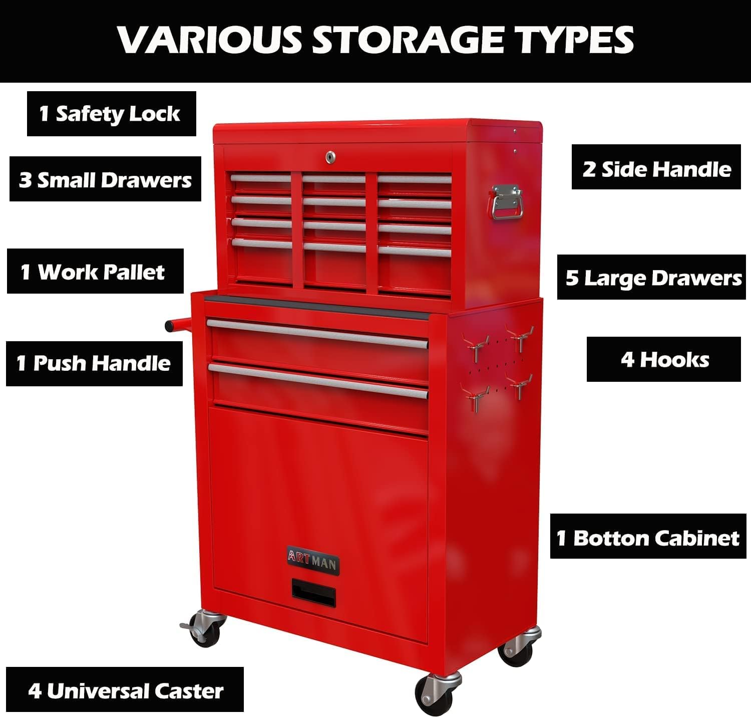 Campfun Rolling Tool Chest with Wheels, 8-Drawer Tool Box Organizer Tool Cabinet, Detachable Large Tool Cabinet with Lock, Mechanic Tool Cart High Capacity Tool Storage Cabinet, Red