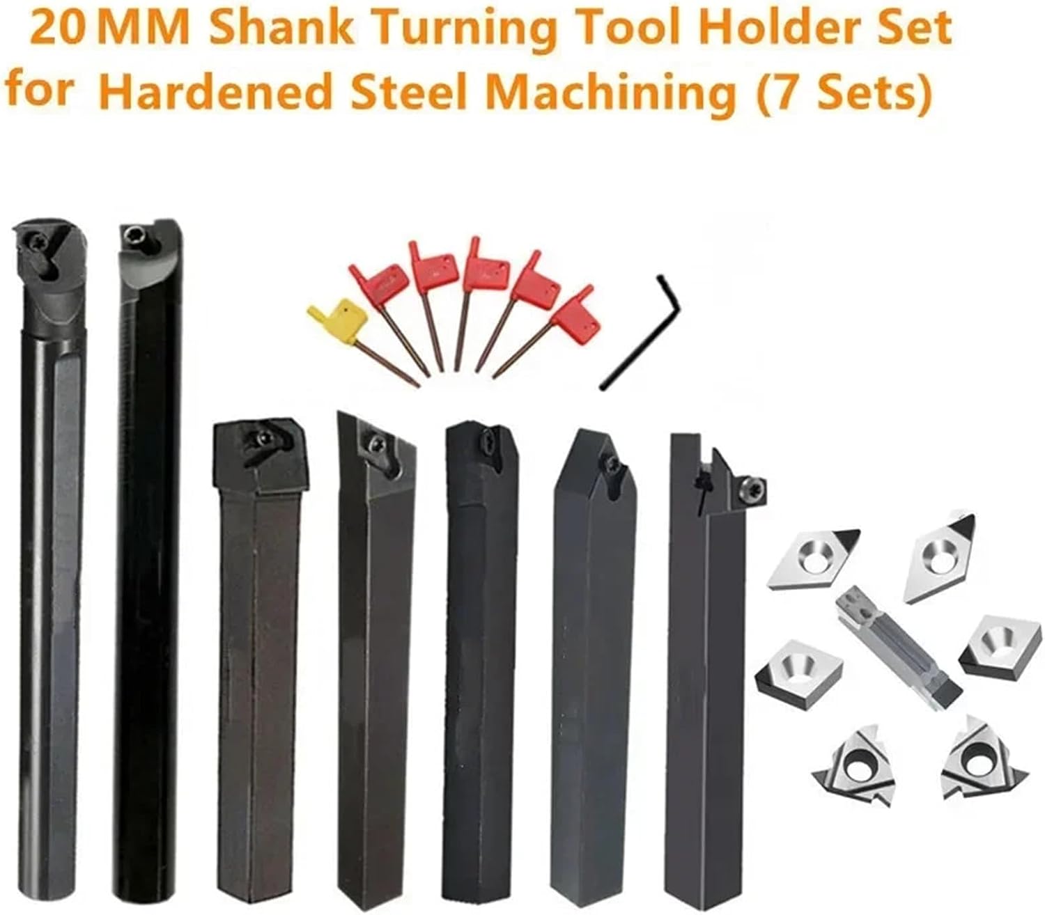 Turning Tool Set 7pcs/Set 20MM CNC Lathe Turning Tool set，Boring Bar and Inserts and Wrenches，for Turning Threading(20mm for CBN)