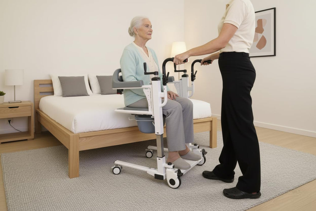 KMINA Patient Transfer Chair (Seat can be Raised up to 23 in), Commode Toilet Chair with Wheels, Bedside Chairs for Elderly - Not Suitable for Shower
