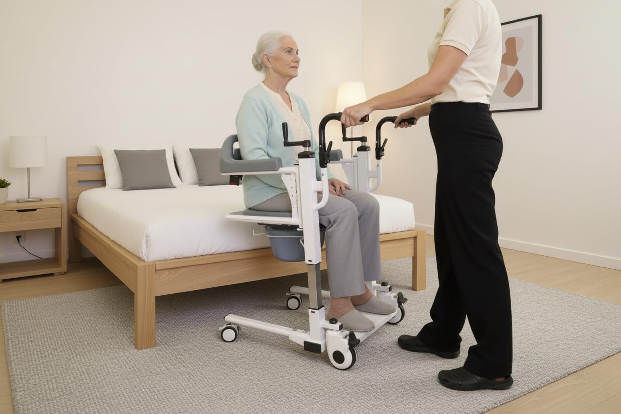 KMINA Patient Transfer Chair (Seat can be Raised up to 23 in), Commode Toilet Chair with Wheels, Bedside Chairs for Elderly - Not Suitable for Shower
