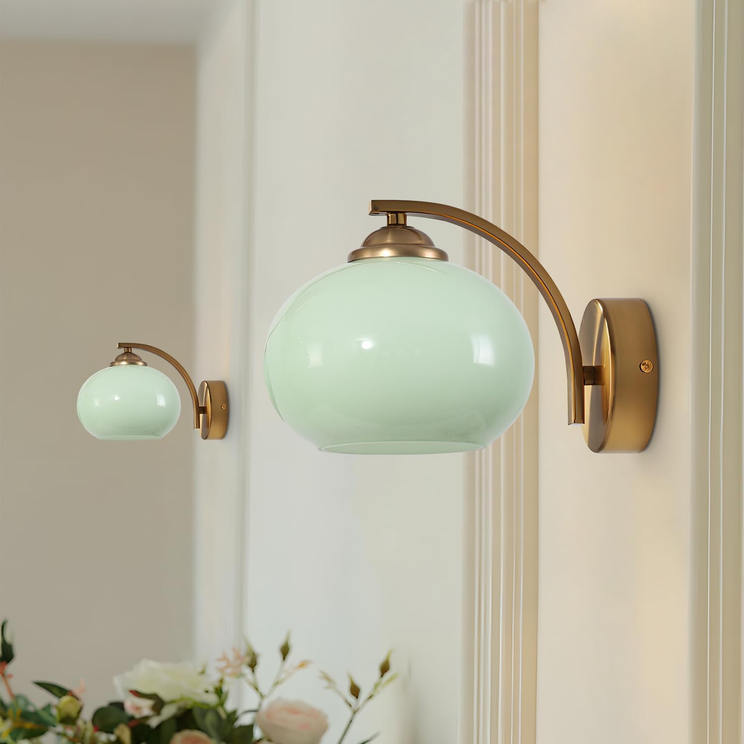 Green Glass Kitchen Sconce Light Brushed Gold Bathroom Vanity Light Vintage Hardwired Wall Sconce Set of 2 Mid Century Modern Wall Lighting