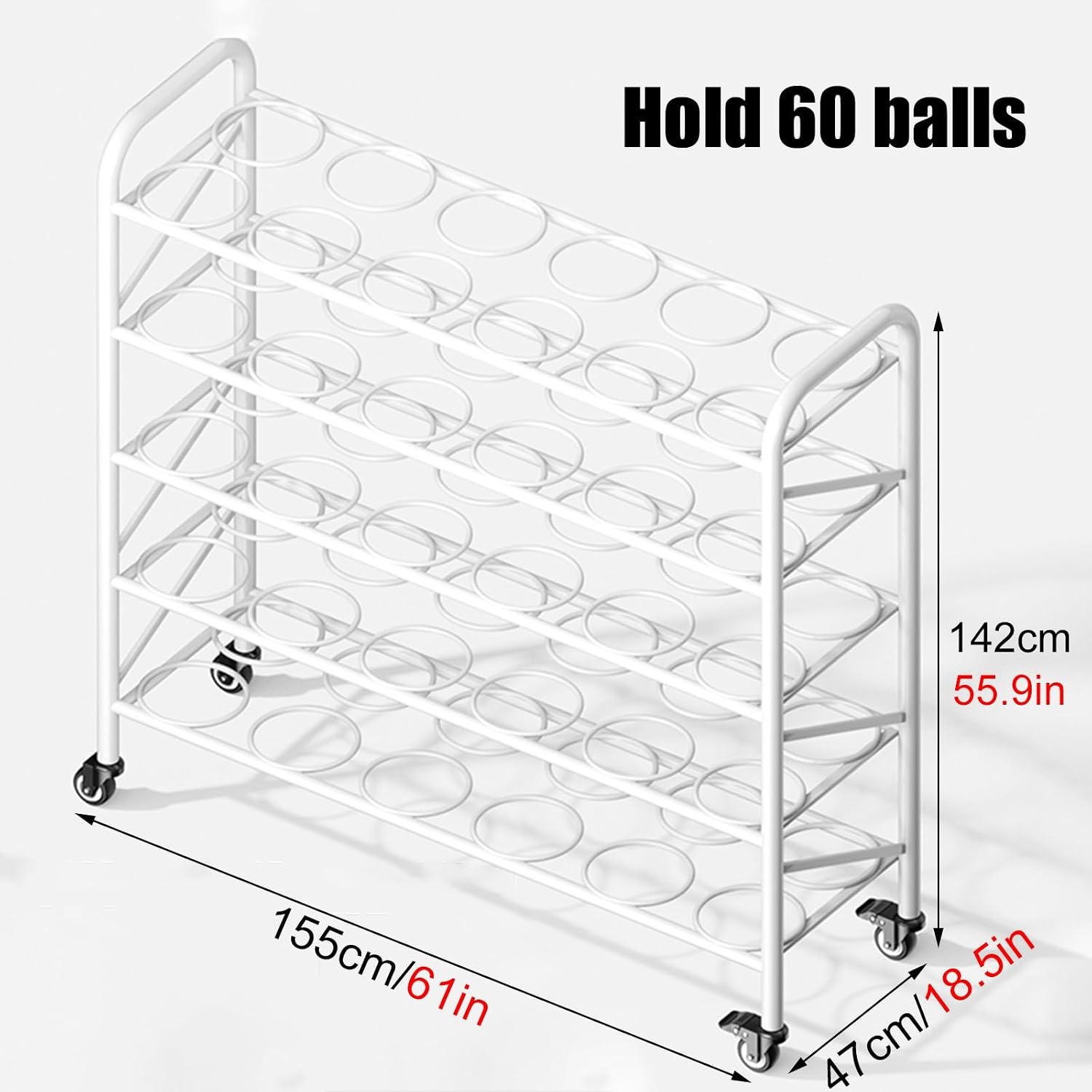 5-Layers Commercial Basketball Racks on Lockable Wheels, Metal Volleyball Display Stand with Round Storage Bracket, Schools/Kindergartens/Soccer Clubs/Space Sav,White
