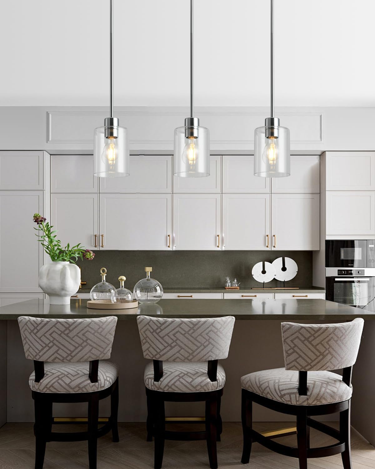 Chrome Pendant Lights Kitchen Island - Clear Glass Pendant Light Fixture Multiple Stems Rods 3 Units 12 Inch 3 Units 4 Inch (3 Pack Chrome Downrod)
